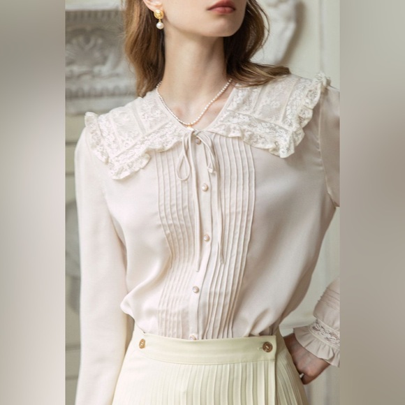 Simple Retro Coquette Cream Kiara lace doll collar long sleeve blouse - Picture 2 of 7